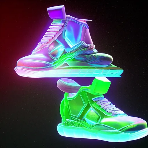 Image similar to high quality Octane 3D render of bioluminescent sneakers floating in space, emissive, bloom, volumetric, ray-tracing, bjork