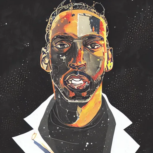 Image similar to portrait of kawhi leonard as half terminator with a robot eye in a scenic environment by conrad roset, watercolors, cybernetically enhanced, hyperdetailed, cyberpunk, cool, trending on artstation