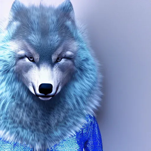 Image similar to 3 d render, well toned, large tall, female anthropomorphic wolf, blue fur and scales with white spots and wings on her back, icey blue dress, fur covering her chest.