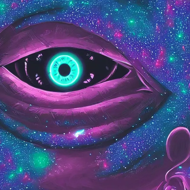 Image similar to a galactic neon eyeball, stars, artstation, digital art