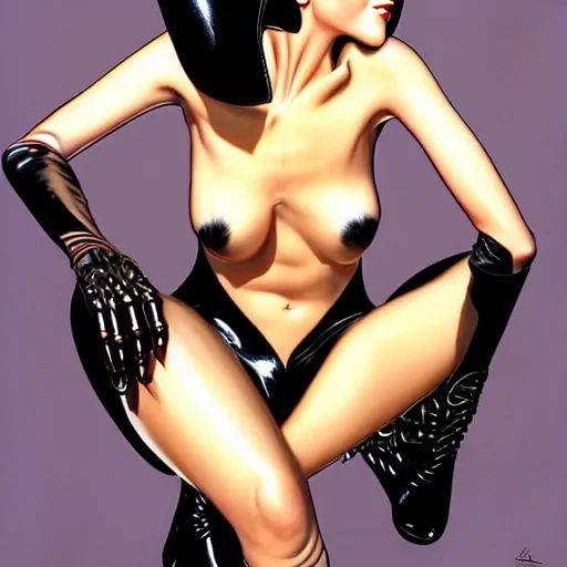 Image similar to woman with black hair in knee high leather boot, latex 1 9 8 0's art, airbrush style, art by hajime sorayama,, intricate, elegant, sharp focus, illustration, highly detailed, h 6 4 0