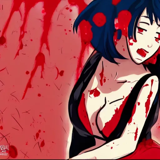 Image similar to a beautiful woman covered in blood smiling at the camera. Anime in the style of hisao shirai and Satoshi Kon. In the style of perfect blue