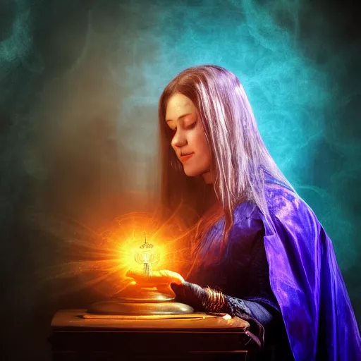 Prompt: portrait of a female warlock casting a magic spell, blueish aura by her side, mystic, fantasy, magic, award winning photography, hdr, studio lighting medium close shot, mucha style,