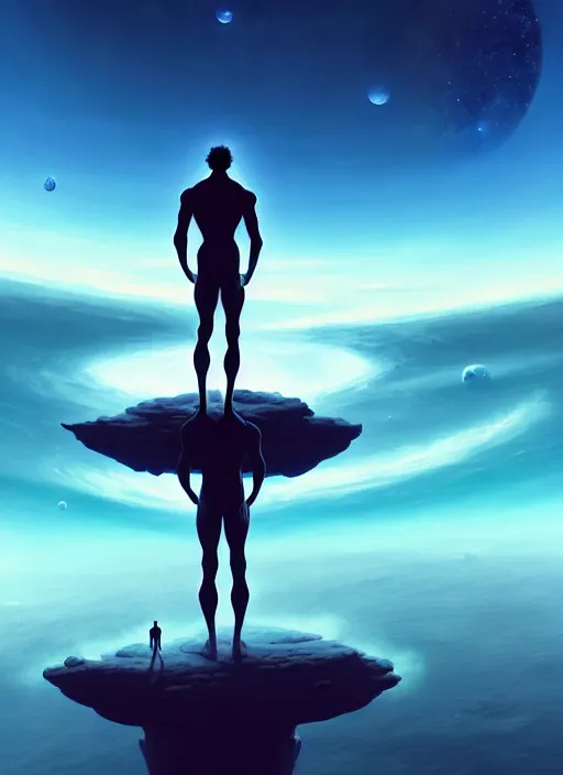 Image similar to symmetry!! landscape of a silhouette man standing on neptune, looking out into the vastness of space, digital art, art by artgerm greg rutkowski and andreas rocha, cinematic lighting, highly detailed, warm colours, 8 k