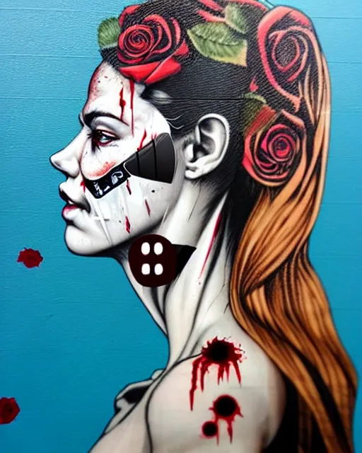 Image similar to horror with blood, rose and a pistol with sea and ocean in the background intricate details side profile by Sandra Chevrier