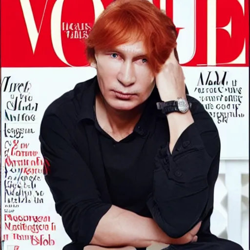 Image similar to Vladmir putin with his new red hair posind to Vogue magazine cover photo