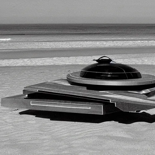 Image similar to a rectangular space ship hover over a beach by h. r. giger.