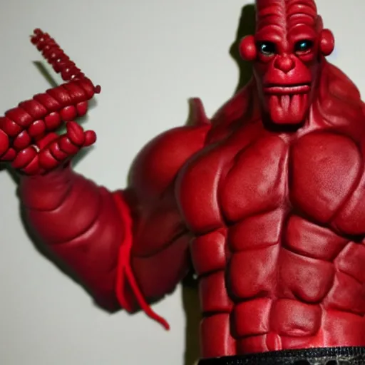 Image similar to realistic full size hellboy made out of whole twizzlers, render