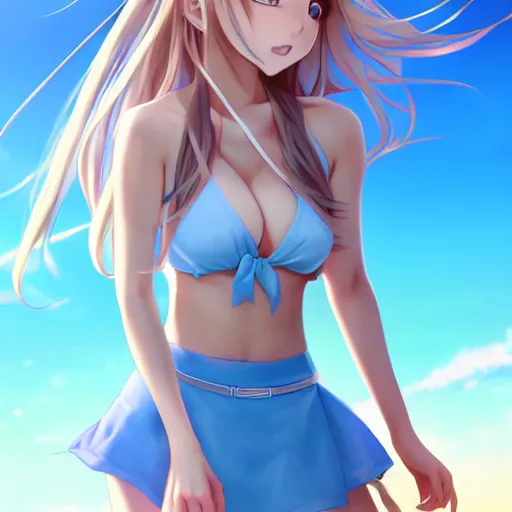 Image similar to a very beautiful young anime summer girl, full body, long wavy blond hair, sky blue eyes, full round face, evil grin, bikini, miniskirt, front view, mid - shot, highly detailed, cinematic wallpaper by stanley artgerm lau