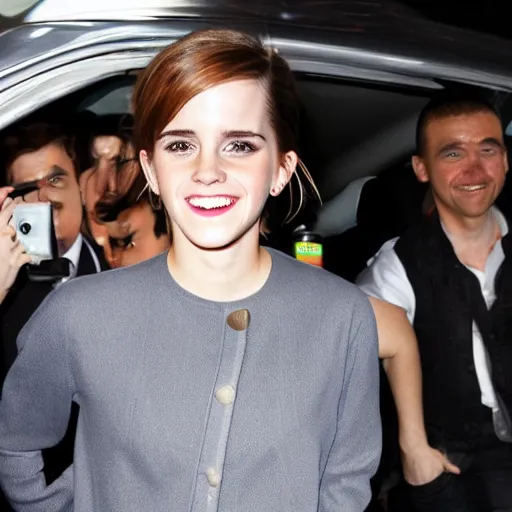 Prompt: emma watson unapologetically grinning, seen from a car window, paparazzi photo, tabloid, flash photography