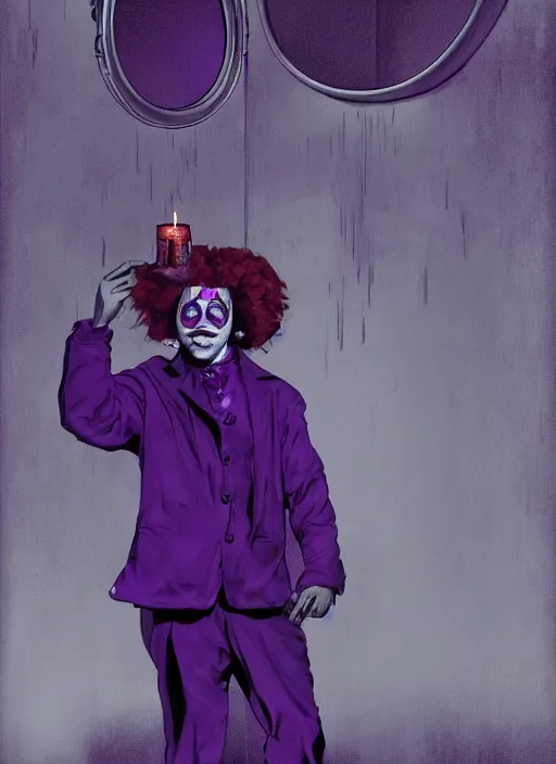 Image similar to a clown dressed in purple looking at himself in a broken shattered mirror. the clown is holding a candle. the mirror is cracked broken mirror shattered. dark moody natural lighting, by martin ansin