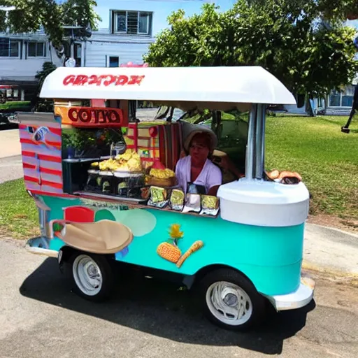 Prompt: crocodile man driving an ice cream cart