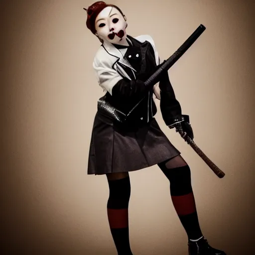 Image similar to photo of Chuu Kim Ji-woo from LOONA dressed as Negan, mischievous look with her barbed baseball bat Lucille, in the style of George Hurrell, white fog, octane render