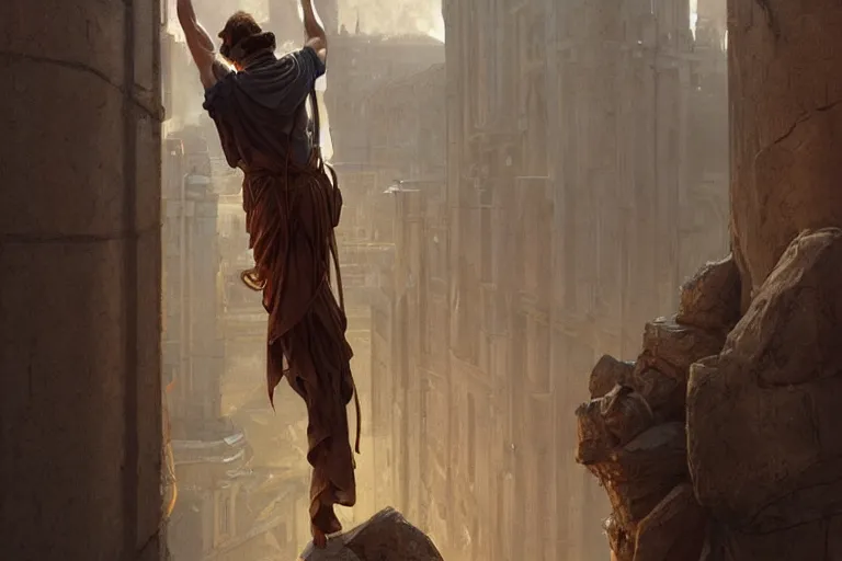 Image similar to a man tied to a pillar by jack russel terrier, highly detailed, hyperrealistic digital painting, artstation, concept art, smooth, sharp focus, illustration, cinematic lighting, art by artgerm and greg rutkowski and alphonse mucha