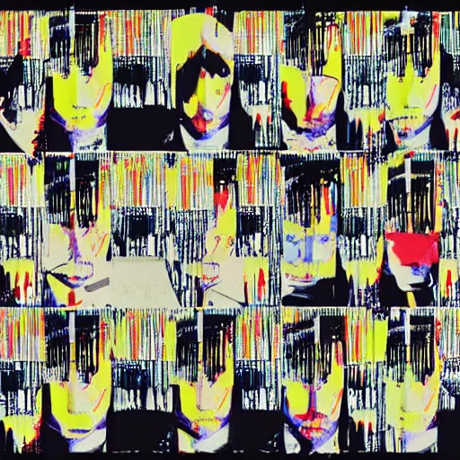 Image similar to Collage, color by Radiohead, Thom Yorke (Thom Yorke), Jonny Greenwood (Jonny Greenwood), Colin Greenwood (Colin Greenwood), Ed O'Brien (Ed O'Brien), Philip Selway (Philip Selway), by Stanley Donwood