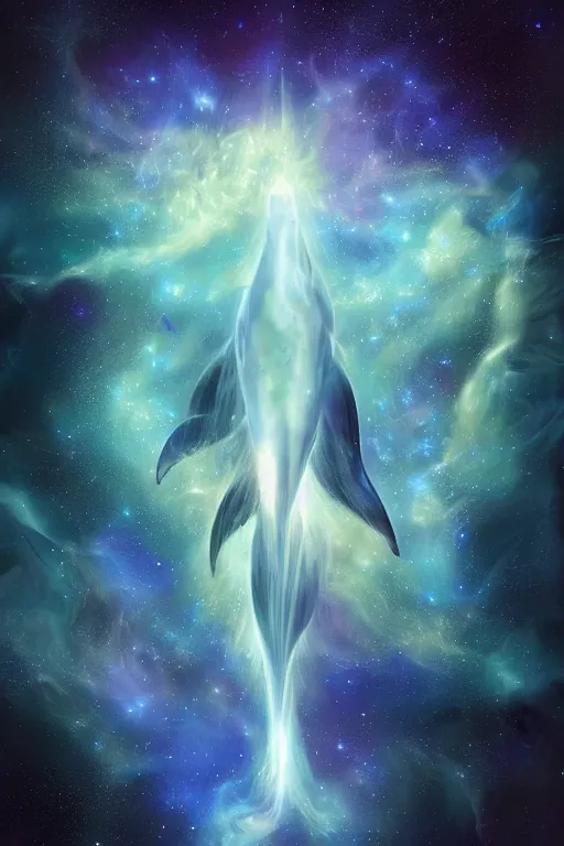Prompt: Ethereal blue fire dolphin swimming through a nebula, Sirius star system, star dust, cosmic, magical, shiny, glow,cosmos, galaxies, stars, outer space, stunning, by andreas rocha and john howe, and Martin Johnson Heade, featured on artstation, featured on behance, golden ratio, ultrawide angle, hyper detailed, photorealistic, epic composition, wide angle, f32, well composed, UE5, 8k