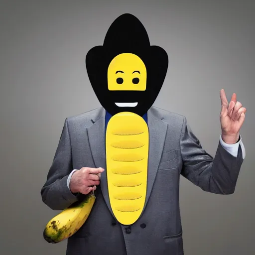 Image similar to banana head, a man wearing a suit banana head