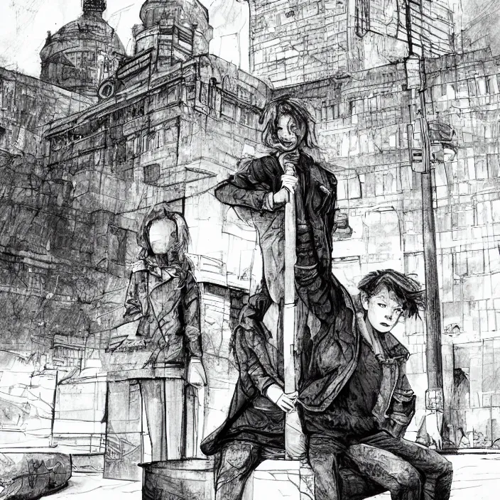 Image similar to storyboard : sadie sink in hoodie sits on bench in ruined square, pedestrians walk by, soviet monument and propaganda posters. scifi cyberpunk. by gabriel hardman. cinematic atmosphere, detailed and intricate, perfect anatomy