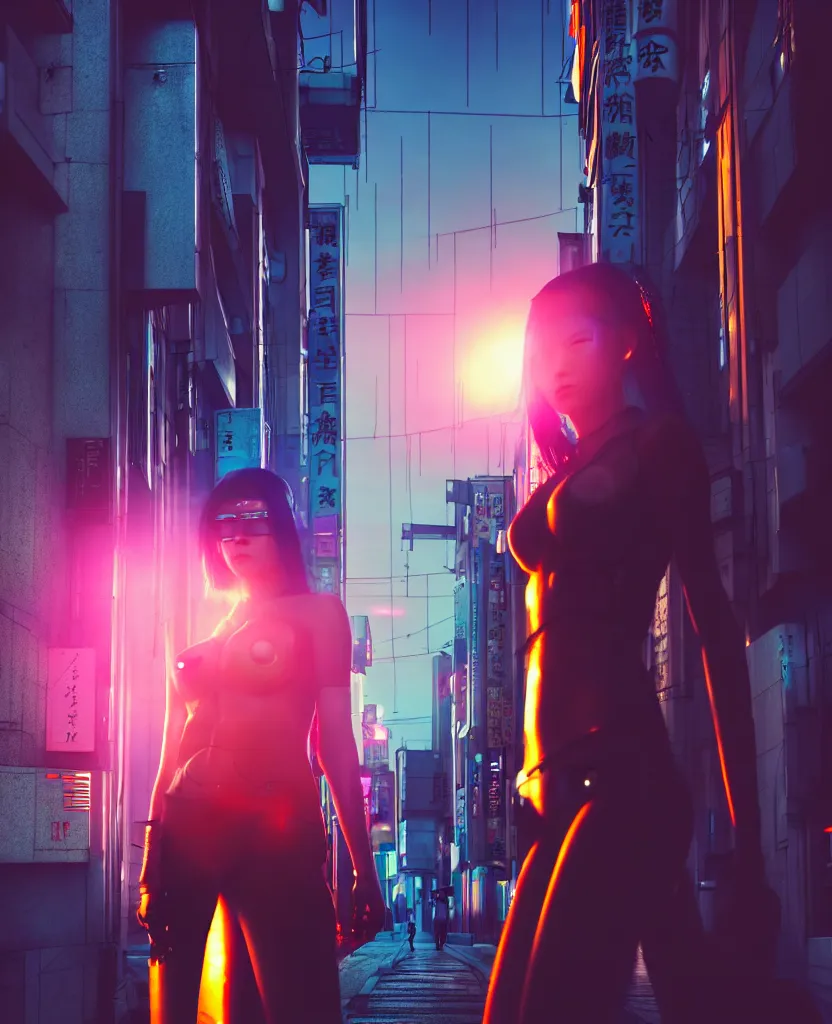 Image similar to a photo close up cyberpunk cyborg girl stands in a cyberpunk hiroshima, prefecture streets, sunset, photorealistic, cinematic lighting, very detailed, style by tomino - sama