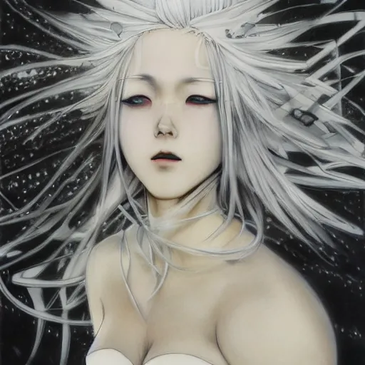 Image similar to Yoshitaka Amano realistic illustration of an anime girl with white hair, eyes without pupils and cracks on her face wearing dress suit with tie fluttering in the wind, abstract black and white patterns on the background, noisy film grain effect, highly detailed, Renaissance oil painting, weird portrait angle