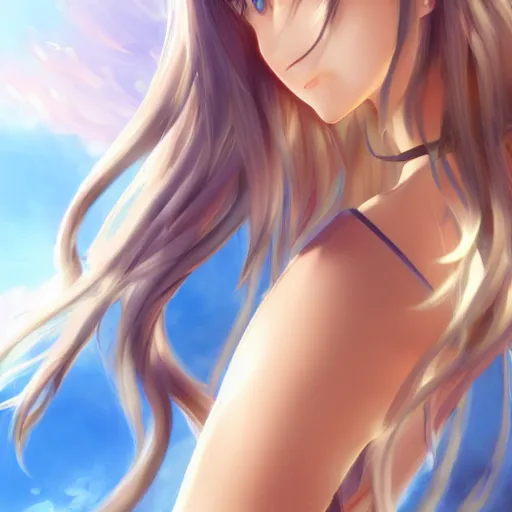 Image similar to a very beautiful young yuuki asuna, full body, long wavy blond hair, sky blue eyes, full round face,, shiny golden bikini, miniskirt, front shot, highly detailed, cinematic wallpaper by stanley artgerm lau