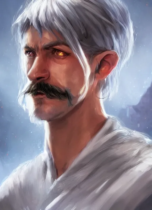 Image similar to tristan fulcher livedoce young man with short white fringe white hair and moustache, dndbeyond, bright, colourful, realistic, dnd character portrait, full body, pathfinder, pinterest, art by ralph horsley, dnd, rpg, lotr game design fanart by concept art, behance hd, artstation, deviantart, hdr render in unreal engine 5