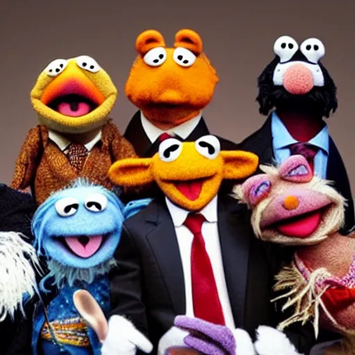 Prompt: hyper realistic puppet jury, muppet
