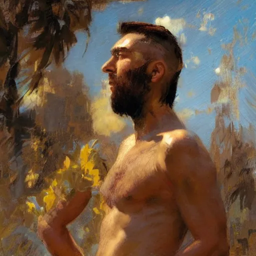 Image similar to a man with a mohawk haircut, painting by Gaston Bussiere, Craig Mullins