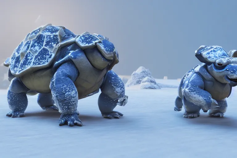 Image similar to highly realistic 3 d rendering of blastoise covered in snow and ice, unreal engine 5, volumetric lighting