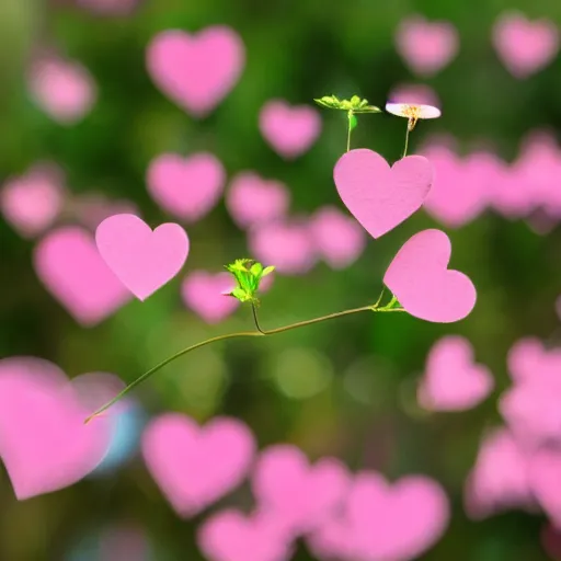 Image similar to A picture of a delicate plant that has hearts as the flowers. Some hearts are flying away from the plant in the background with the wind