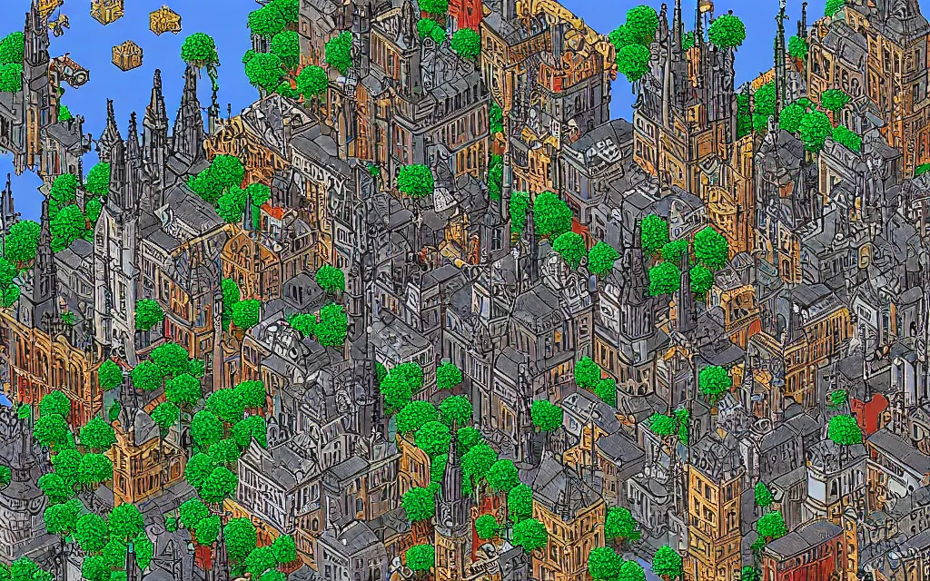 Prompt: an 18th gothic city. Pixel art.