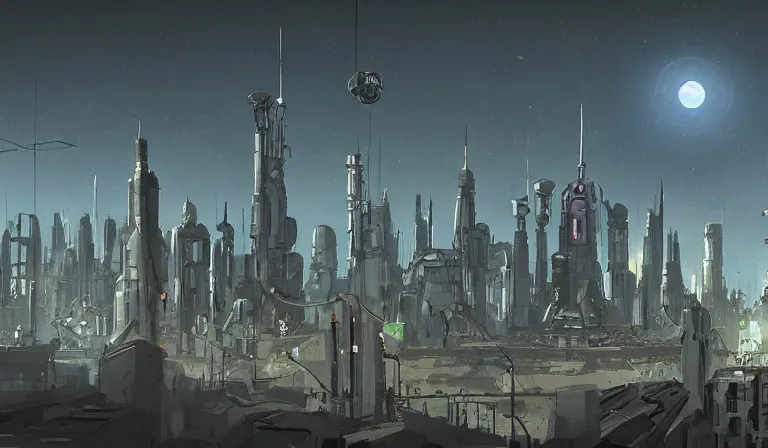 Prompt: A alien cityscape , metropolis and space craft overhead in the style of Ian McQue.