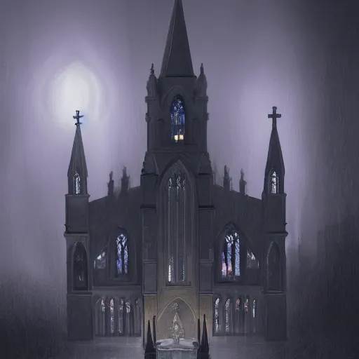 Image similar to victorian church in the middle of the city, dark, misty, at night, 8 k, detailed, concept art, trending on artstation