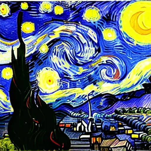 Image similar to kittens van goh style staring at moon in van goh a starry night