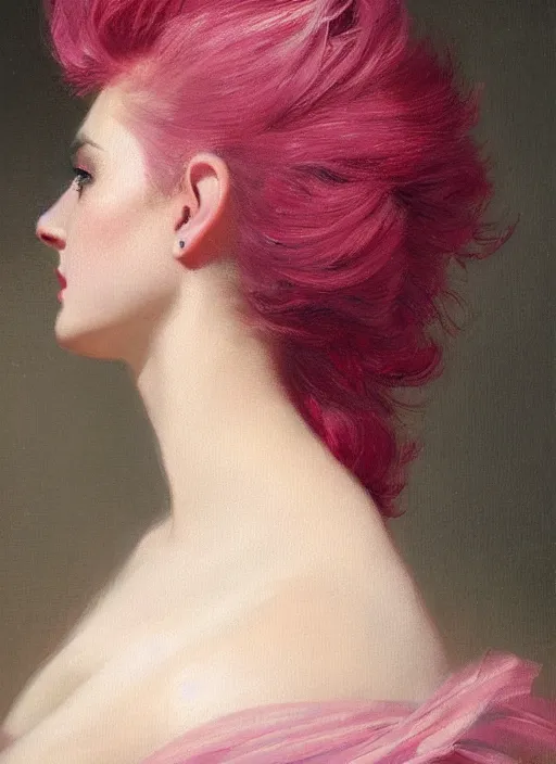 Image similar to a detailed portrait of woman with a mohawk by edouard bisson, year 1 9 5 0, pink hair, punk rock, oil painting, muted colours, soft lighting