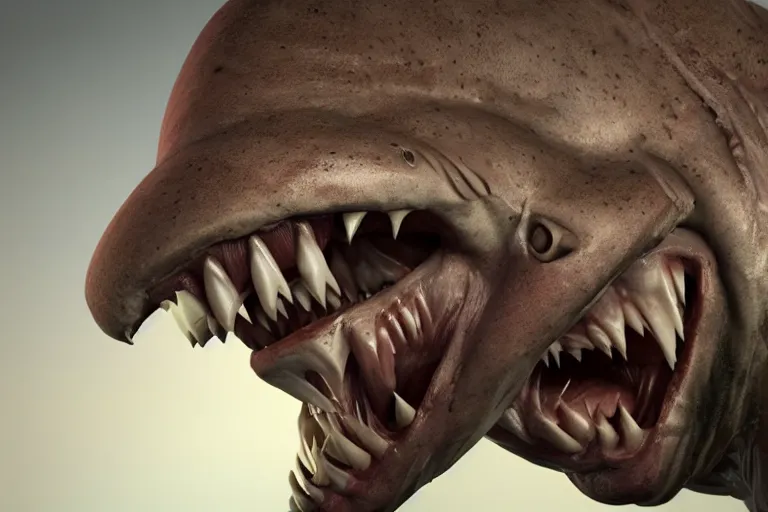 Prompt: A human with shark head made of muscles and flesh, very angry, teeth, ambient light, terror, glows, realistic, photo-realism, hyper realism, picture, detailed, 3D render, scary, distant shot, in the distance,