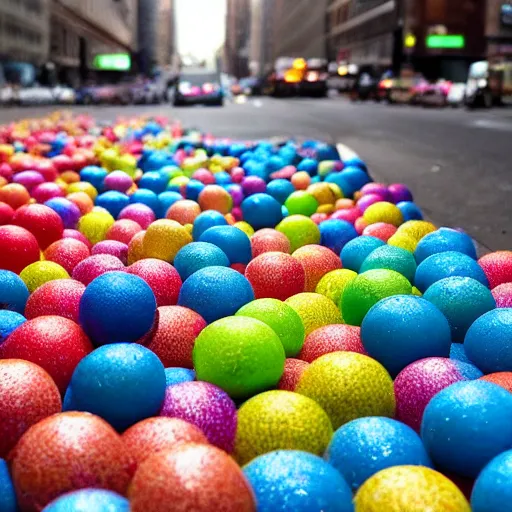 Image similar to millions of colorful bouncy balls are bouncing the streets of new york city