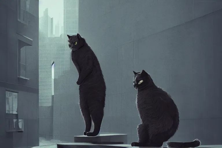 Image similar to human standing against a giant cat, highly detailed, photorealistic, reflections, smooth, sharp focus, concept art, illustration, beautiful, geometric, trending on artstation, cinematic, featured on behance , artwork by WLOP and Tran, Ross