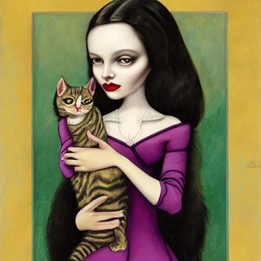 Image similar to a painting of a woman holding a cat, a character portrait by mark ryden, featured on deviantart, gothic art, tarot!!!!! card, deviantart, gothic