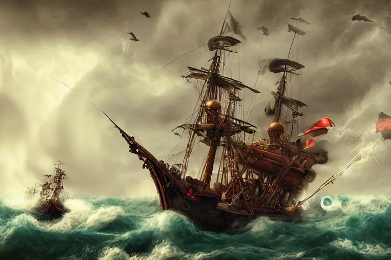 Image similar to epic pirate ship in a storm, in the style of vernon grant and chris van allsburg, trending on artstation, bright tilt - shift camcorder effect, photoshop, retrowave, hyperrealism,
