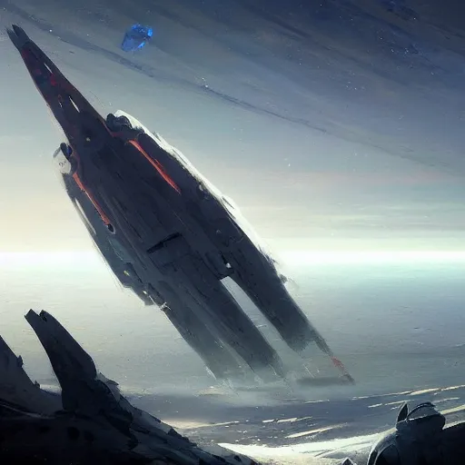 Image similar to concept art of a large space vessel in the shape of an spear by greg rutkowski