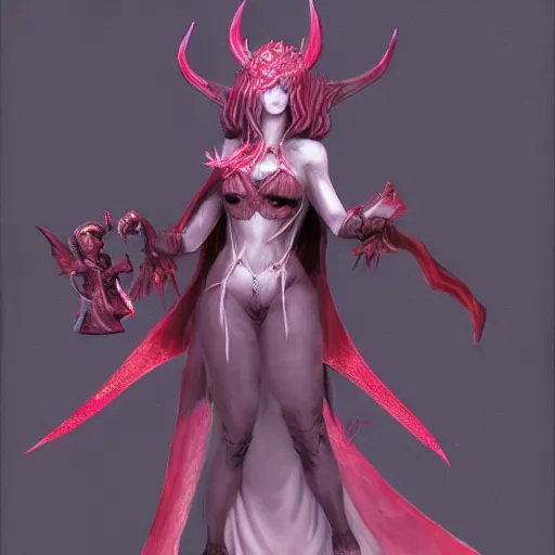 Prompt: Concept art of female demon dressed in silk as a dark souls boss, trending on artstation, fantasy