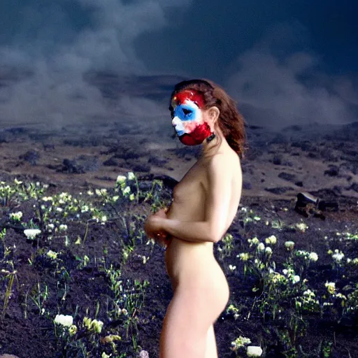 Prompt: The full body shot of beautiful pale woman with many flowers and full-face black mask with glowing halo, a thick black smoke in rocky desert landscape, blue background, falling star on the background, burning earth by Christopher Doyle, Gaspar Noe, Tarkovsky, Alejandro Jodorowsky, anamorphic lens, cinematic composition, award winning photo, 8k