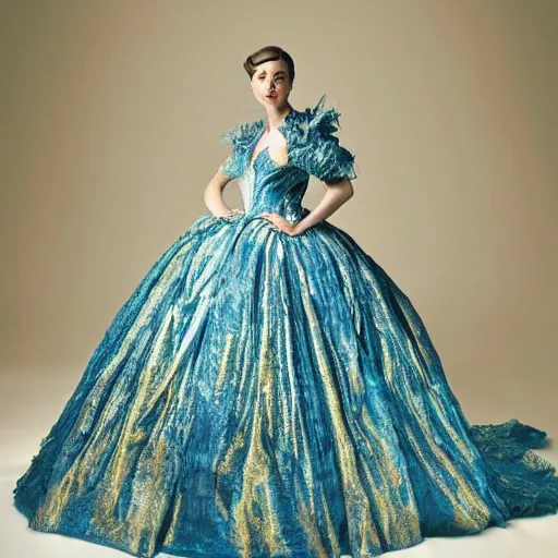 Image similar to Stunning photograph of a magnificent and ethereal ball gown inspired by Van Gogh's Starry Night. Studio lighting