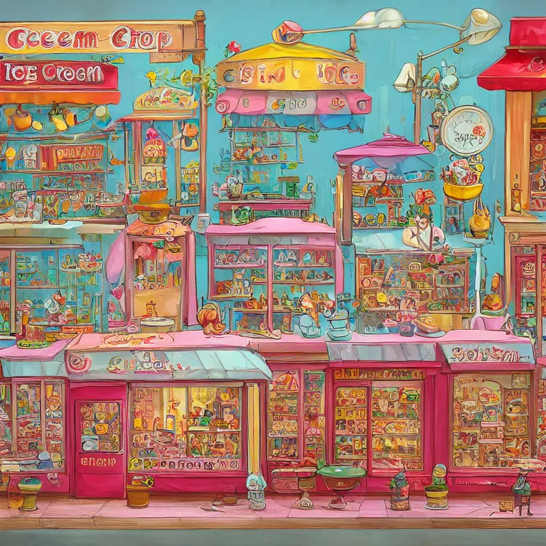 Prompt: ice cream shop, by richard scarry, intricate detail, HD, trending on artstation, fluorescent accents