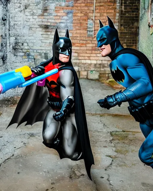 Prompt: happy batman firing super soaker water gun in an alleyway, everyone having fun, product advertisement, photography
