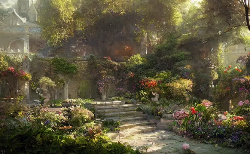 Image similar to Beautiful garden, next to a haven and a mystical palace, intricate, elegant, volumetric lighting, digital painting, highly detailed, artstation, sharp focus, illustration, concept art, ruan jia, steve mccurry