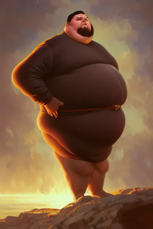 Image similar to an overweight man as a human cannonball, realistic painting, symmetrical, highly detailed, digital painting, artstation, concept art, smooth, sharp focus, illustration, cinematic lighting, art by artgerm and greg rutkowski and alphonse mucha