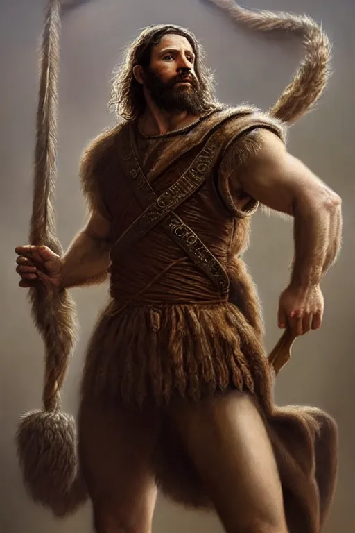 Image similar to renaissance full body portrait of a gruff ranger, handsome face, lean and toned, hairy chest and hairy body, D&D, intricate, elegant, highly detailed, digital painting, artstation, concept art, matte, sharp focus, chiaroscuro, well list, sharp detail, illustration, art by Da Vinci, Artgerm and Greg Rutkowski and Alphonse Mucha