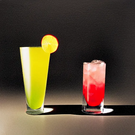 Prompt: “studio photograph of a still live, 3 glasses with cocktails, bright colors, strong caustics, medium format camera”